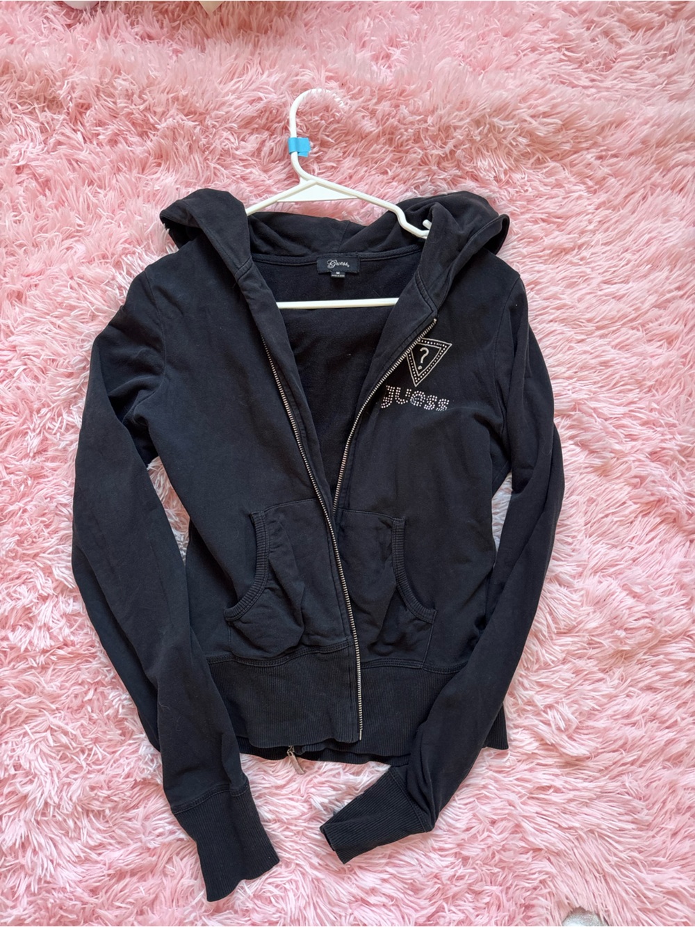 Guess Black Zip-Up Hoodie with Rhinestone Logo
